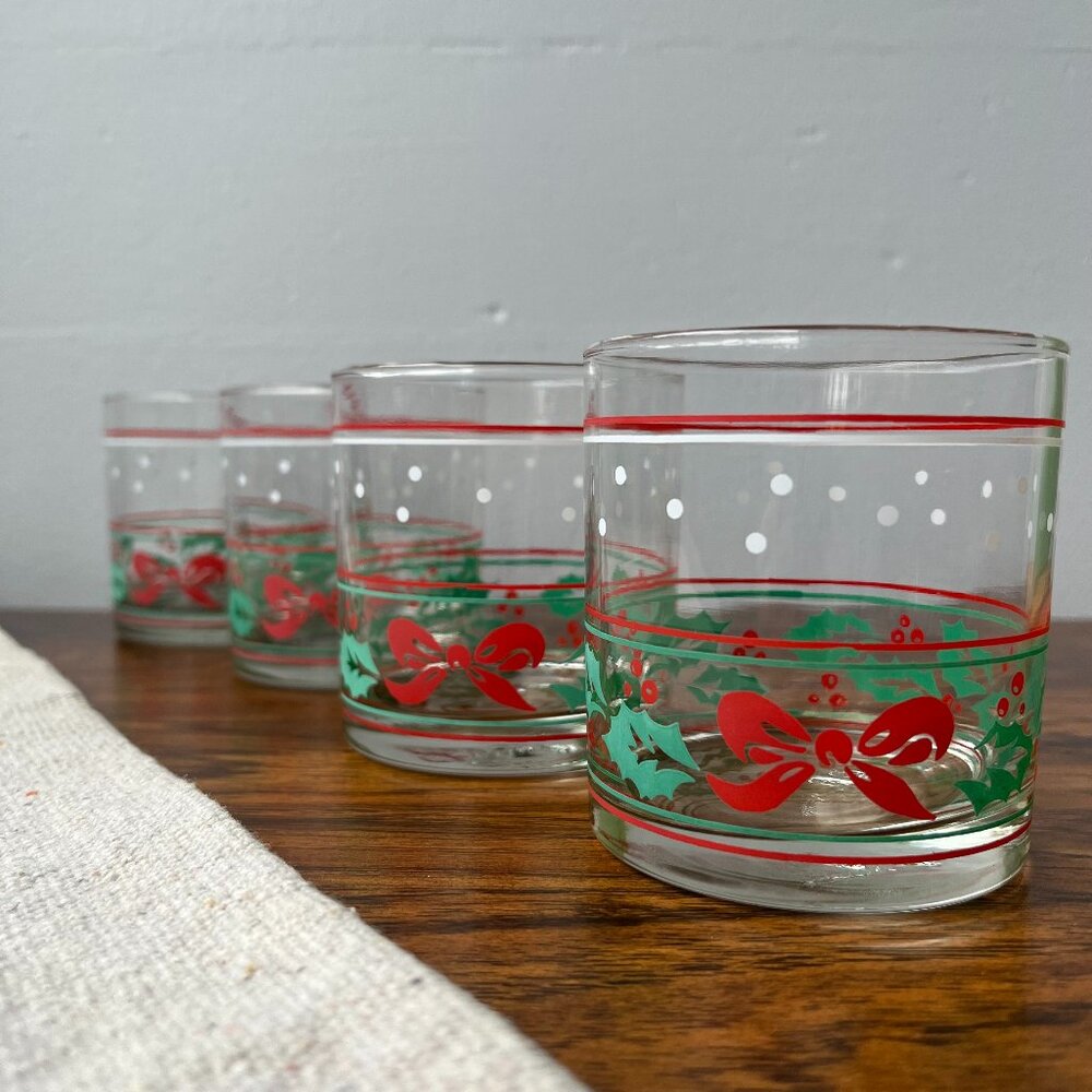 Nadir Figueire Brazil 4 Vintage 1980s Christmas Holly Red Bow Highball Glasses